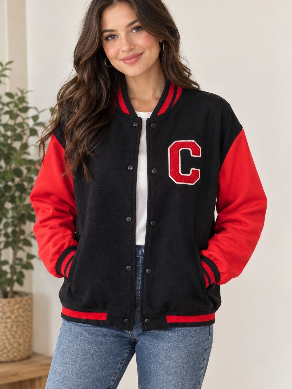 Orange Kiss Women’s Black with Red Accent Varsity Jacket